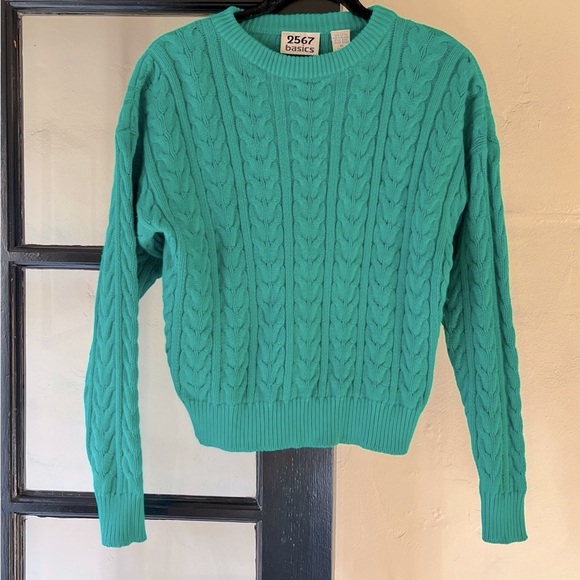 Lovely VTG Bright Green Cable Knit Cotton Sweater - Picture 3 of 3